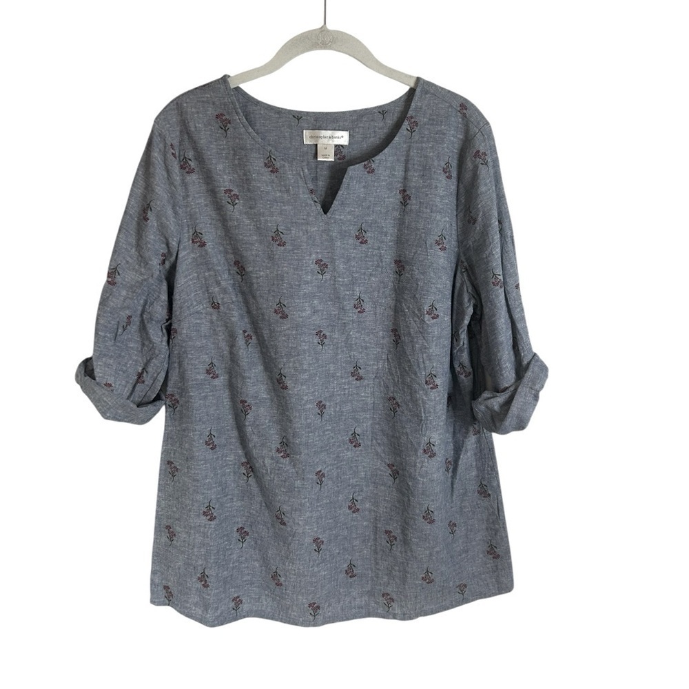 Christopher & Banks Denim Chambray Floral 3/4 Rolled Sleeve Blouse Womens Sz Med